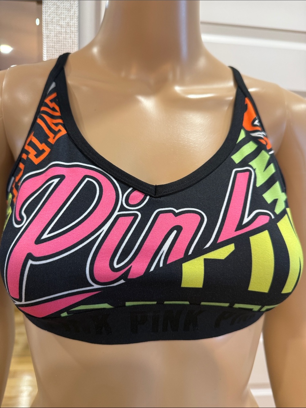 Victoria's Secret PINK Black Neon Print Sports Bra
